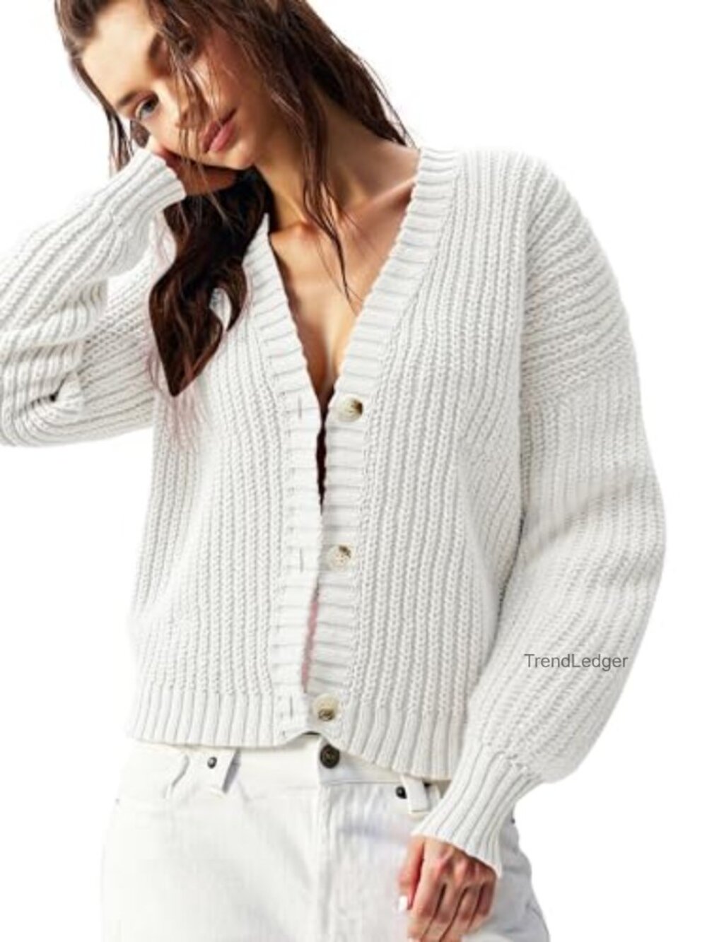 Chunky Knit Cardigan - Waffle Button Down Oversized V Neck Fall Sweater - Picture 6 of 6
